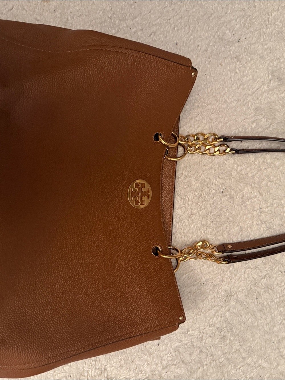 Tory Burch Cognac Pebbled Leather Tote with Gold Chain Straps